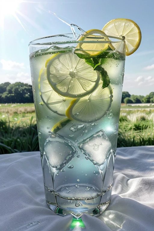 A glass of ice water filled with lemon sparkling water, Ice cubes, There are some white papers next to it., in the sun,a green grassland, No characters,Nature background, summer, high details, very humid humidity, high brightness, Wet watermark, over details, Hyperreal