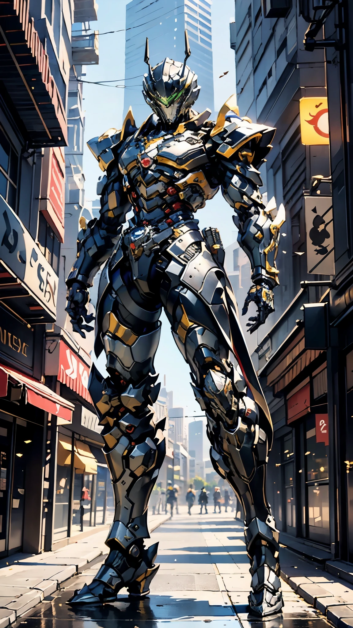 A man wearing a full-face helmet, a fantasy-style biotech armored combat suit, green eyes, (a composite layered chest armor), fully enclosed shoulder guards, matching arm and leg guards, the belt is adorned with Beetle-shaped gem, (the color scheme is primarily black with red accents), the design balances heavy with agility, a high-tech bio-mecha armor, (Dynastinae concept Armor, stand on the top of a skyscraper in a futuristic sci-fi city), this character embodies a finely crafted fantasy-surreal style armored hero in anime style, exquisite and mature manga art style, (element, plasma, energy, the armor glows), ((male:1.5)), metallic, real texture material, dramatic, high definition, best quality, highres, ultra-detailed, ultra-fine painting, extremely delicate, professional, perfect body proportions, golden ratio, anatomically correct, symmetrical face, extremely detailed eyes and face, high quality eyes, creativity, RAW photo, UHD, 32k, Natural light, cinematic lighting, masterpiece-anatomy-perfect, masterpiece:1.5