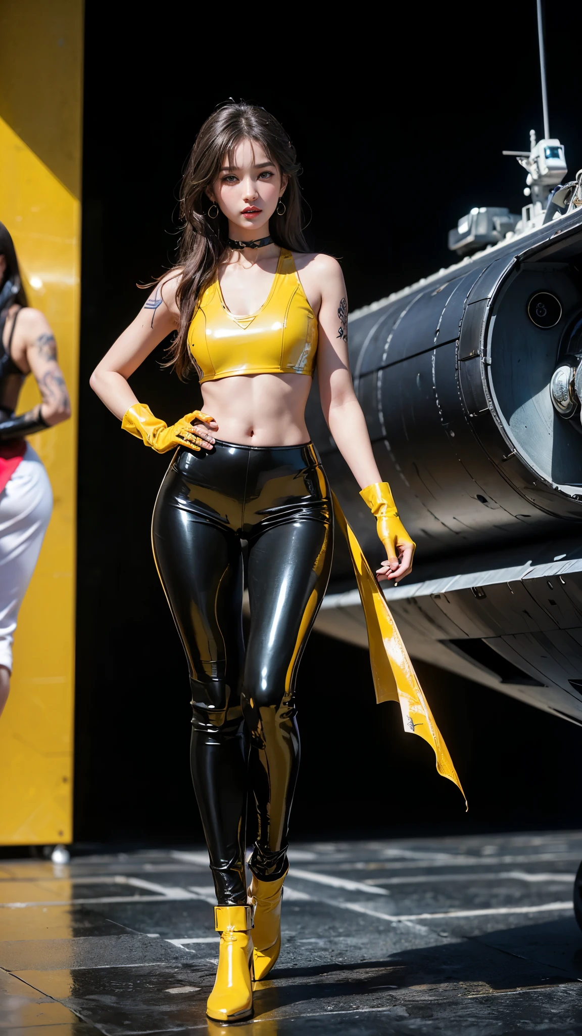 ((masterpiece:1.4)、(highest quality:1.4)、(Realistic:1.7))、Masterpiece:1.4、(Top-notch rendering:1.4)、(Yuki, the beautiful navigator of the Space Battleship Hikari:1.4)、Super Beauty航海士Yuki、(By Luis Royo:1.4)、(A uniform that accentuates your beautiful figure:1.2)、(Futuristic sci-fi battle fashion:1.2)、(Street Style Wear)、(Tight Fit Pants)、(Shiny luxury latex:1.4)、(Luxury yellow latex:1.4)、19 years old、(Cute Tattoos:1.4)、(Wearing yellow gloves)、Cute Girl、Super Beauty、(Seductive pose)、Sharp Focus、Portrait Photography:1.4、8k、Photorealistic images:1.4、(Perfect female body:1.4)、Perfect proportions、(Standing:1.4)、(Upper body shot:1.4)、Beautiful Face、Fearless look、Beautiful Eyes、(A girl with a beautiful body and slender abdominal muscles)、(Narrow waist:1.4)、(9-body proportions beautiful girl:1.4)、(A beautiful girl with long legs and a good figure:1.4)、Beautiful feet:1.2、(Long Hair:1.2)、Heavy makeup、Eyeshadow、Glow Eye、Glow Lip、Beautiful breasts、Large Breasts:1.2、sexy ass、(Standing facing forward:1.4)、Raw photo、Red lips、Yellow high heels:1.4、choker:1.4、necklace:1.4、Earrings:1.4、1 Screen Display:1.4、Space Battleship Hikari&#39;s bridge:1.2