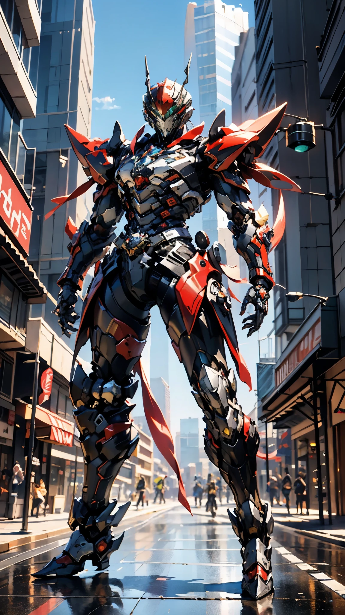 A man wearing a full-face helmet, a fantasy-style biotech armored combat suit, green eyes, (a composite layered chest armor), fully enclosed shoulder guards, matching arm and leg guards, the belt is adorned with Beetle-shaped gem, (the color scheme is primarily black with red accents), the design balances heavy with agility, a high-tech bio-mecha armor, (Dynastinae concept Armor, stand on the top of a skyscraper in a futuristic sci-fi city), this character embodies a finely crafted fantasy-surreal style armored hero in anime style, exquisite and mature manga art style, (element, plasma, energy, the armor glows), ((male:1.5)), metallic, real texture material, dramatic, high definition, best quality, highres, ultra-detailed, ultra-fine painting, extremely delicate, professional, perfect body proportions, golden ratio, anatomically correct, symmetrical face, extremely detailed eyes and face, high quality eyes, creativity, RAW photo, UHD, 32k, Natural light, cinematic lighting, masterpiece-anatomy-perfect, masterpiece:1.5