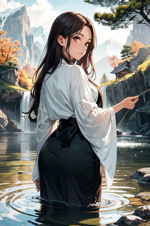 A stunning masterpiece (1.2) showcases a solitary woman (1.5), enveloped in the peaceful ambiance of fly fishing, nestled within the picturesque panorama of the mountains. Inspired by the rich cultural heritage of Japan (1.4), the scene harmoniously blends tranquility and beauty. With long, flowy, dark hair that cascades down her back, and captivating, brown eyes that exude an enchanting allure (1.3), she gracefully casts her line into the pristine water. Her exquisite form (1.6), a mesmerizing amalgamation of litheness and fullness, evokes