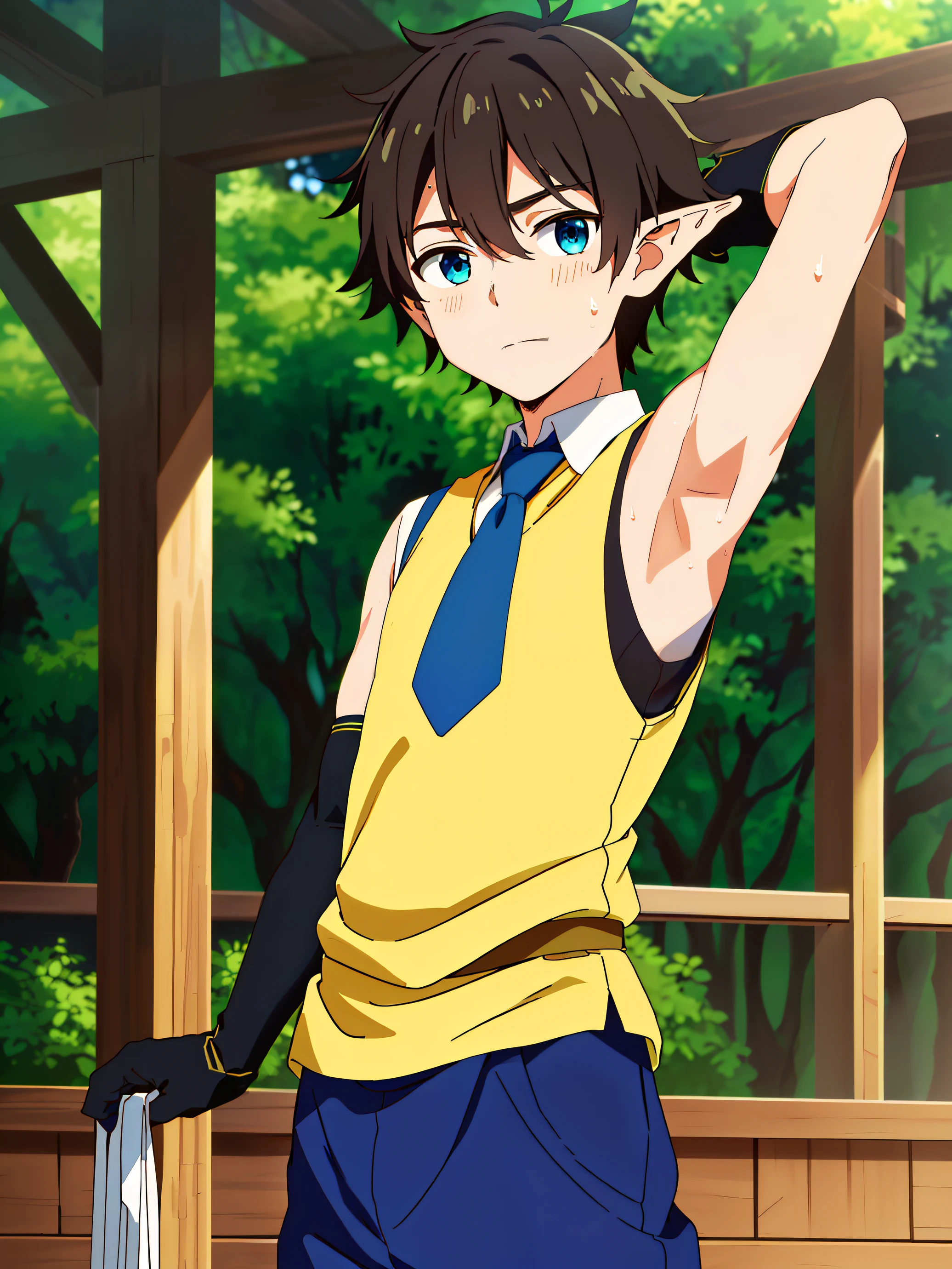 Highres, Masterpiece, Best quality at best,Best Quality,hight quality, hight detailed, 1boy, Boy, Elf boy, Elf ear, Messy hair, Side bangs, Shota, Sweat, Sleeveless vest, Tie, Glove, Depth of field, Anime screencap style, thin line, Seen from the front, Little sweat, forest tample, Cute boy, (Showing armpit:1.3), (very small and short stature), (very young boy), s, Blurry and simple beckground, bokeh, Uhd