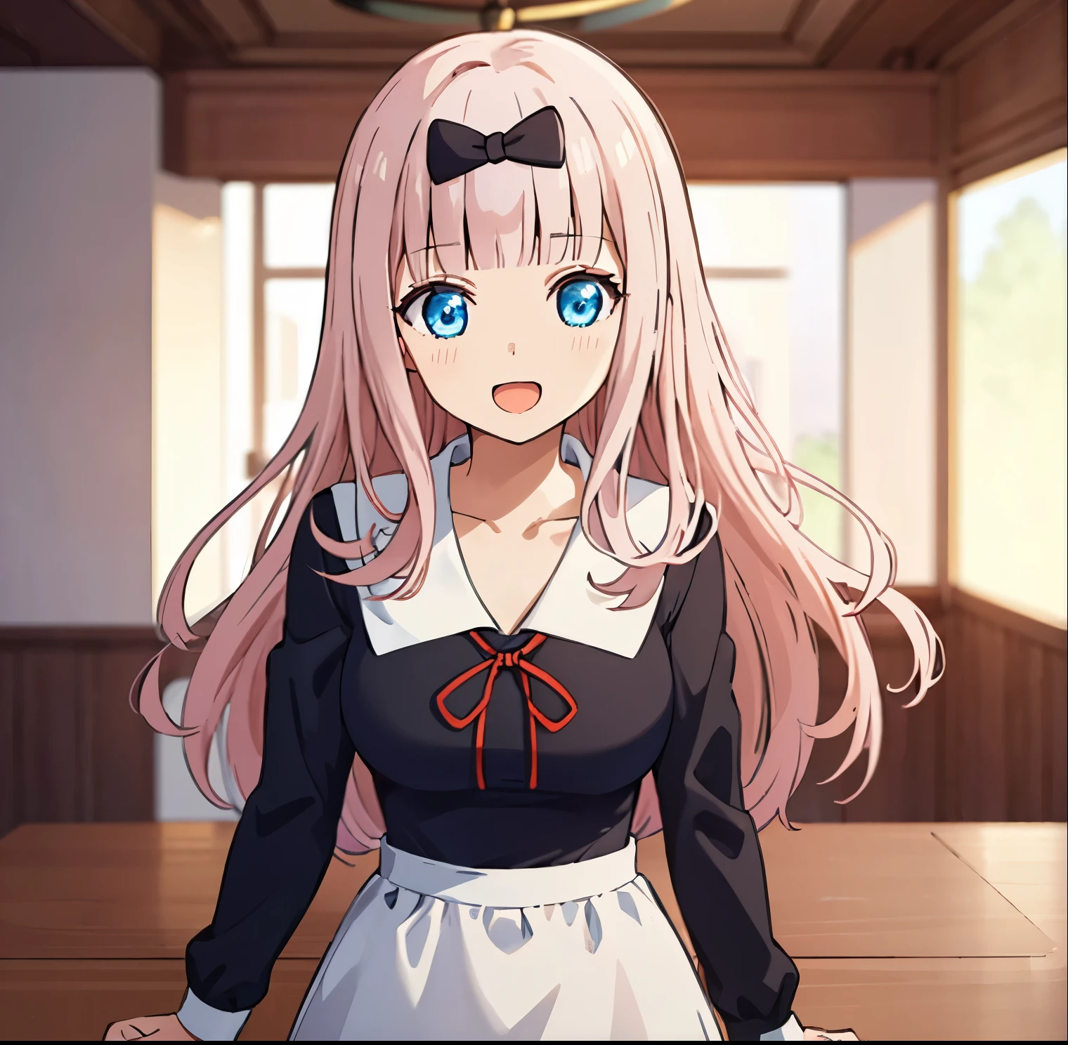 1girl, alone,, chika fujiwara, long hair, bangs, blue eyes, bow, pink hair, (hair bow:1.2), blunt bangs, black bow, smile, open mouth, long sleeves, dress, ribbon, , collarbone, (black dress:1.2), sailor collar, white sailor collar, red ribbon, neck ribbon, shuuchiin academy , indoors, classroom, looking at viewer, (cowboy shot:1.5), (masterpiece:1.2), best quality, high resolution, unity 8k wallpaper, (illustration:0.8), (beautiful detailed eyes:1.6), extremely detailed face, perfect lighting, extremely detailed CG, (perfect hands, perfect anatomy),