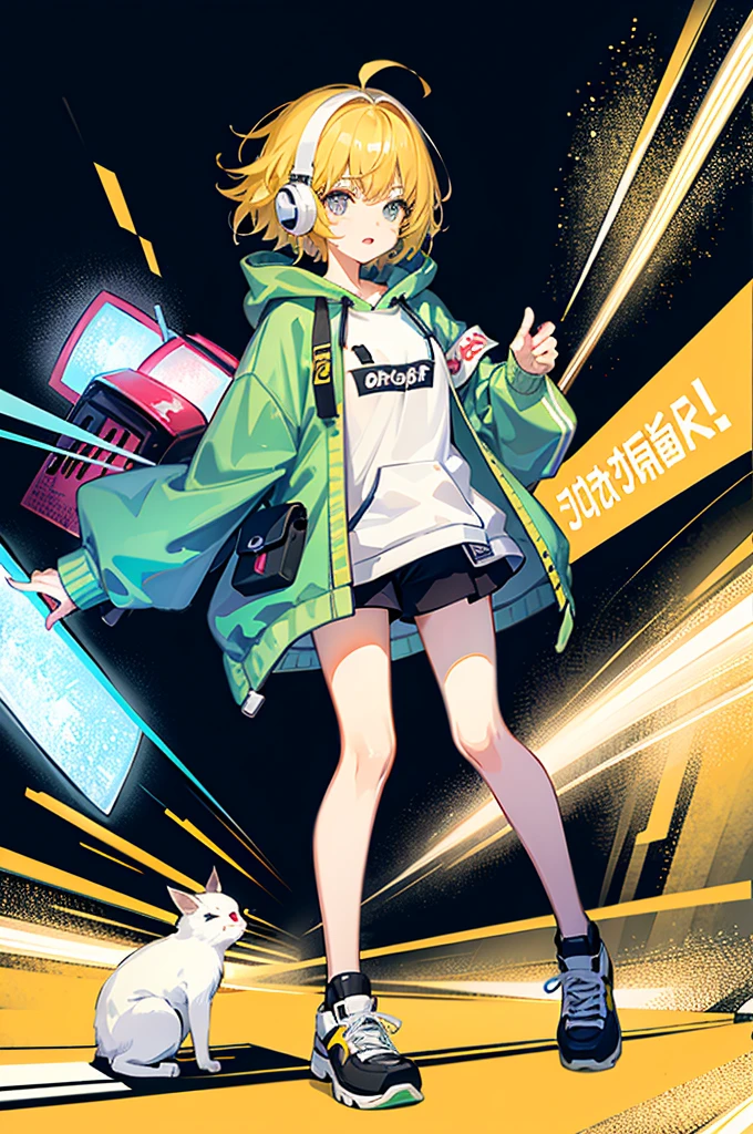 8K resolution、((highest quality))、((masterpiece))、((Super detailed))、1 female、alone、incredibly absurd、oversized hoodie、The background has a design that looks like paint has been splattered..、headphones、street、yellow background、rain、fluorescent neon、short cut hair、colorful hair tips、light colored eyes、put one'Hand in hand'pocket of、shorts、water dripping、unusual colored eyes, bright eyes