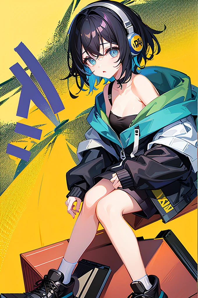 8K resolution、((highest quality))、((masterpiece))、((Super detailed))、1 female、alone、incredibly absurd、oversized hoodie、The background has a design that looks like paint has been splattered..、headphones、street、yellow background、rain、fluorescent neon、short cut hair、colorful hair tips、light colored eyes、put one'Hand in hand'pocket of、shorts、water dripping、unusual colored eyes, bright eyes
