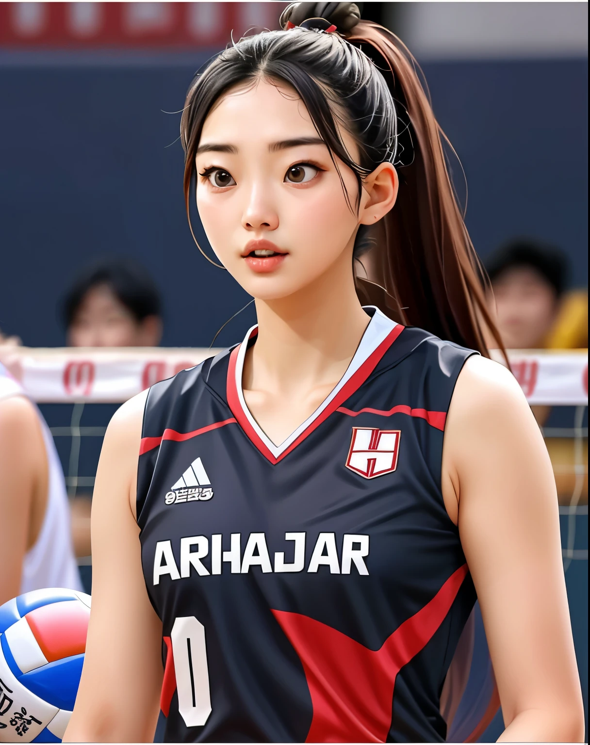 Masterpiece, best quality, 1girl, solo, 23 years old, , arafed female volleyball player in a black and red uniform, wearing a volleyball jersey, hwang se - on, jaeyeon nam, lee ji - eun, lee ji-eun, jung gi kim, kwak ji young, taejune kim, shin min jeong, kim jung giu, sangsoo jeong, yun ling, inspired by Kim Jeong-hui