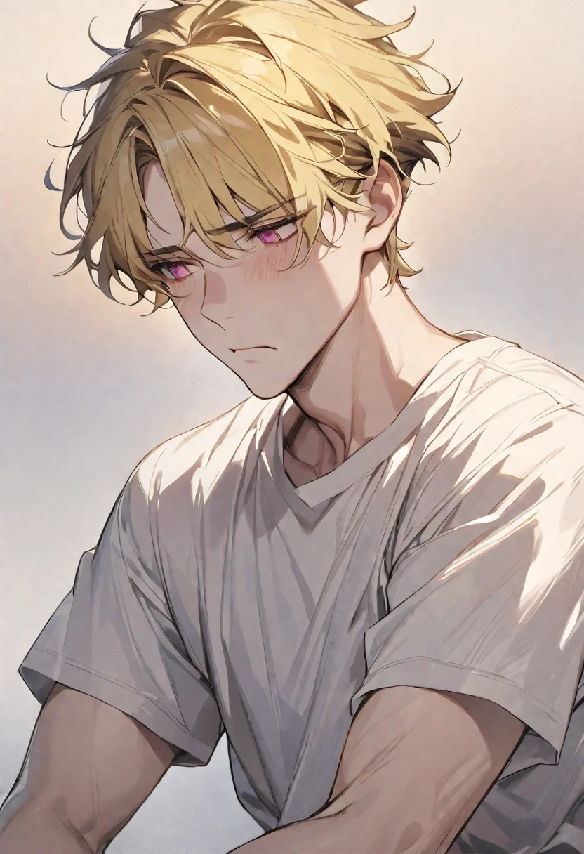 (Masterpiece:0.9), best quality, perfect face, sad, lonely, yellow hair, light pink eyes, hair with bangs, cloudy gradient background, frowning, male, soft boy