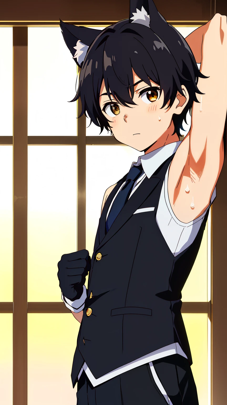 Highres, Masterpiece, Best quality at best,Best Quality,hight quality, hight detailed, 1boy, Boy, Dog boy, Dog ear, Messy hair, Side bangs, Shota, Sweat, Sleeveless vest, Tie, Glove, Depth of field, Anime screencap style, thin line, Seen from the front, Little sweat, Casino, Cute boy, (Showing armpit:1.3), (very small and short stature), (very young boy), 12-year-old boys, Blurry and simple beckground, bokeh, Uhd