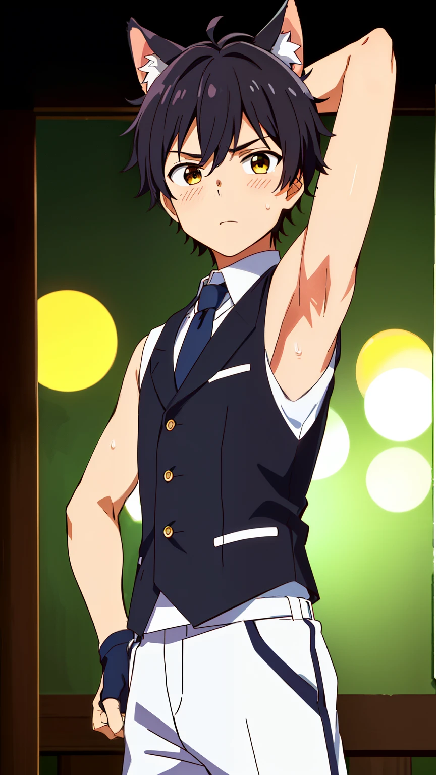 Highres, Masterpiece, Best quality at best,Best Quality,hight quality, hight detailed, 1boy, Boy, Dog boy, Dog ear, Messy hair, Side bangs, Shota, Sweat, Sleeveless vest, Tie, Glove, Depth of field, Anime screencap style, thin line, Seen from the front, Little sweat, Casino, Cute boy, (Showing armpit:1.3), (very small and short stature), (very young boy), 12-year-old boys, Blurry and simple beckground, bokeh, Uhd