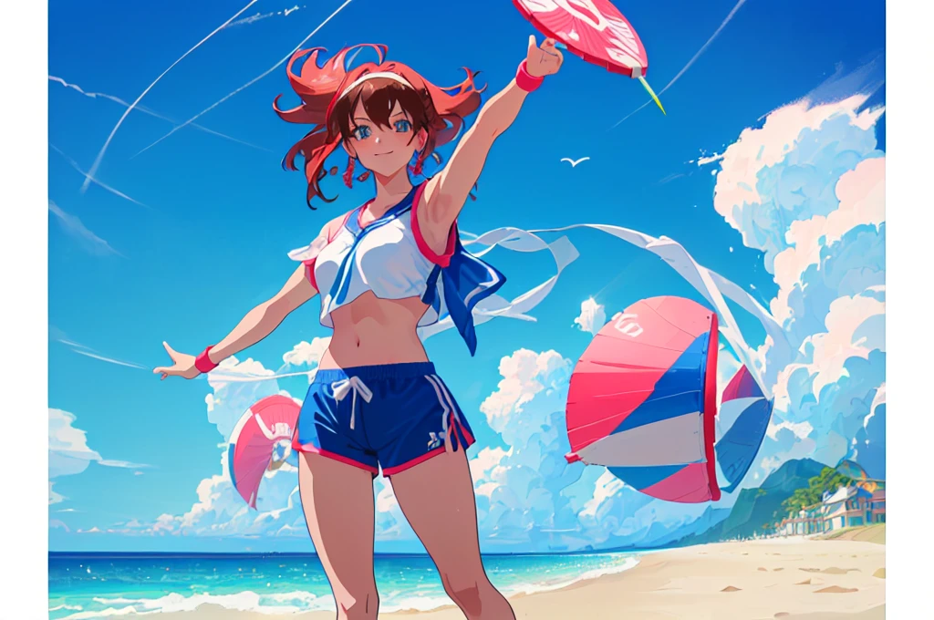 (perfect composition),imagined a girl in extreme sport outfit playing to a flying disc game in a beach arena game sport, masterpiece, ultra-detailed, 80's anime (style), 2D, megapixel, perfectionism, full HD , 4K, (windjammers), windjammers sport game, windjammers 2 (((((solo mature anime woman,)))))++++++++++++++++++, looking at viewer, full body, brown hair and pink hair, short hair, weird hair, smile, lips, eyelashes, medium breasts, gym uniform, uniform, gym shorts, headband, sports bra, elbow pad, knee pad, extreme sports outfit 80's theme, beach background, playing flying disc game on a beach court game, sea, sun in the sky, sports wear