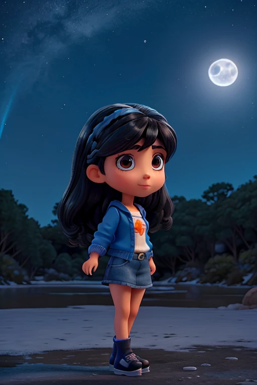 Una hermosa mujer de ojos azules, cabello negro largo, patinando en la noche, en el.hielo en medio de un bosque,.con la.luna llena