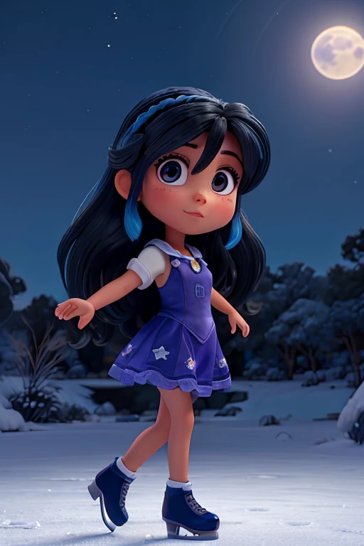 Una hermosa mujer de ojos azules, cabello negro largo, patinando en la noche, en el.hielo en medio de un bosque,.con la.luna llena