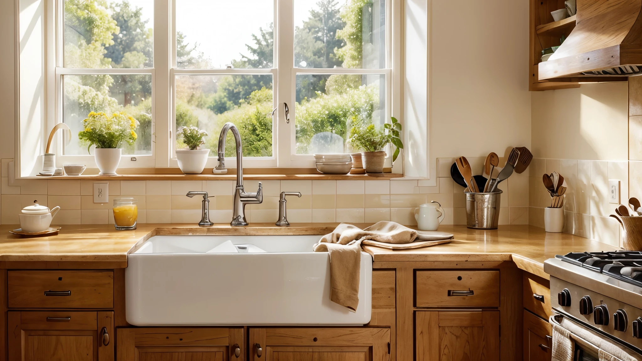 Create a warm, inviting image that captures the essence of a perfect morning. The setting should feature a cozy, sunny cottage kitchen, surrounded by elements that suggest a peaceful and uplifting start to the day. It includes soft, natural light filtered through the windows, creating a serene atmosphere. The overall aesthetic should evoke feelings of comfort, the focus of the image is looking at the sink from the front