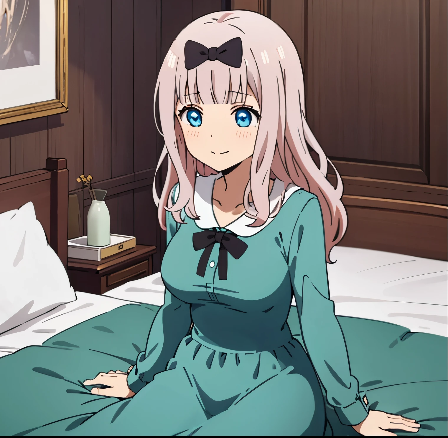 1girl, alone, chika fujiwara,2d, masterpiece, best quality, anime, highly detailed, cowboy shot, blue eyes, pink hair, hair bow, black bow, animal pajamas ,large breasts, indoors, bedroom, long hair, sitting, bed, night, star, pillow, blushing, plush, detailed eyes, smiling, perfect hands, perfect anatomy 