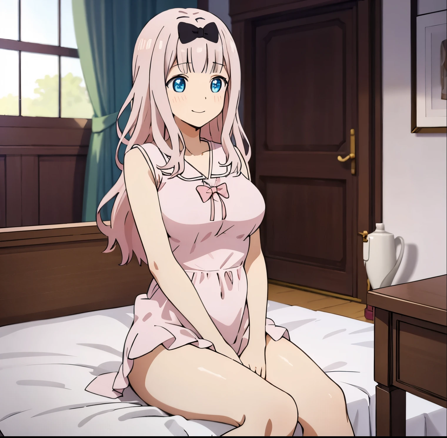 1girl, alone, chika fujiwara,2d, masterpiece, best quality, anime, highly detailed, cowboy shot, blue eyes, pink hair, hair bow, black bow, animal pajamas ,large breasts, indoors, bedroom, long hair, sitting, bed, night, star, pillow, blushing, plush, detailed eyes, smiling, perfect hands, perfect anatomy 