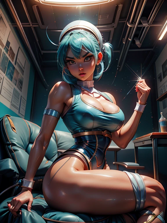 Hyper realistic of {Bulma sitting on a gaming chair, with one leg resting on the chair}, Perfect body thin waist thick thighs big ass and round swollen vagina style Beetle bonnet, facing the camera, symmetrical face, ideal human, 85 lens mm, f8, photography, ultra details, natural light, light background, photo, studio lighting