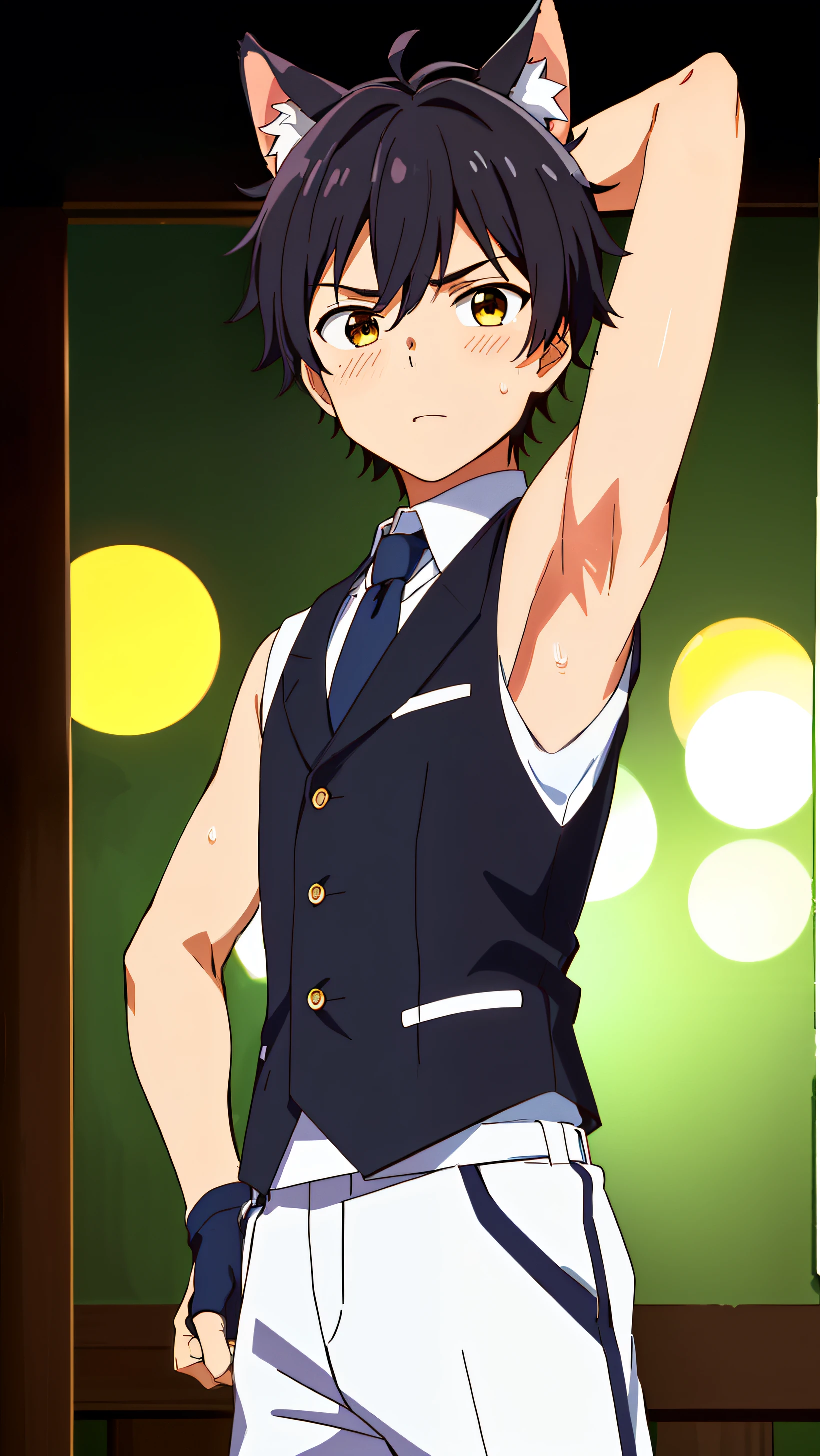 Highres, Masterpiece, Best quality at best,Best Quality,hight quality, hight detailed, 1boy, Boy, Dog boy, Dog ear, Messy hair, Side bangs, Shota, Sweat, Sleeveless vest, Tie, Glove, Depth of field, Anime screencap style, thin line, Seen from the front, Little sweat, Casino, Cute boy, (Showing armpit:1.3), (very small and short stature), (very young boy), 12-year-old boys, Blurry and simple beckground, bokeh, Uhd