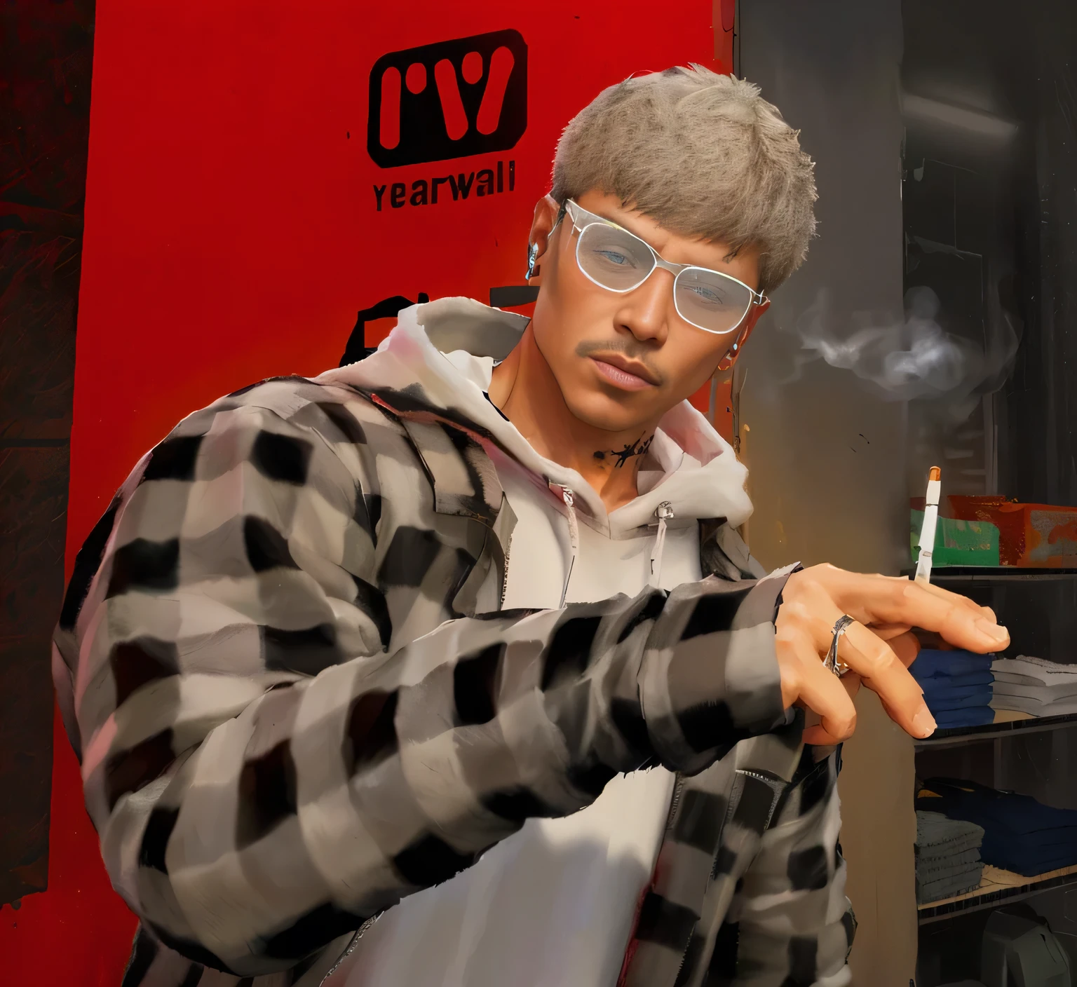 there is a man with a cigarette in his hand and a cigarette in his hand, capanga de rua cyberpunk, o magro, inspirado em Gang Se-hwang, personagem gta, inspirado em Gang Hui-an, fvckrender, no estilo de kar wai wong, & Jeehyung Lee & Opa, coelho mau, realism art style, como um personagem do GTAV