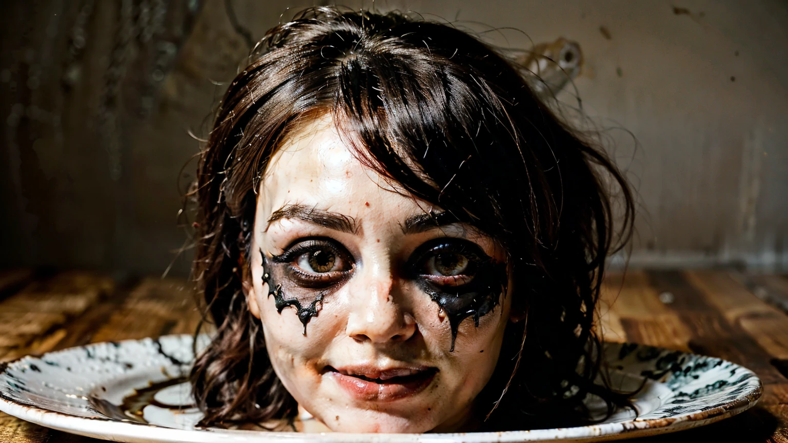 A detailed, terrifying, creepy, hideous doll head, served on a plate, like dinner. The head has a malicious expression, smiling.