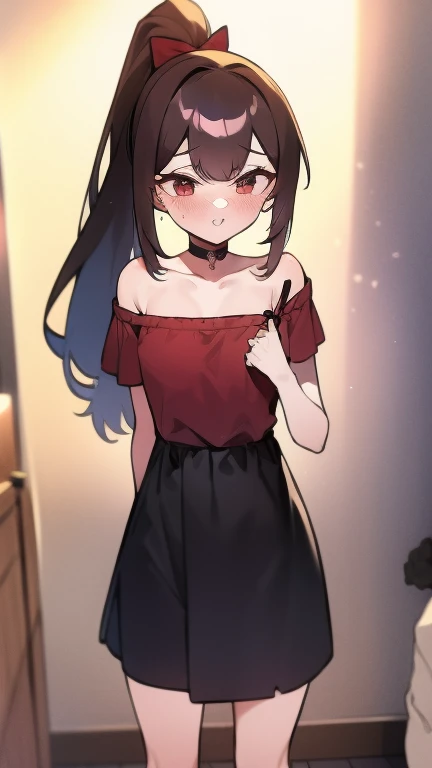 Adulta, Cabello negro ondulado, mirada penetrante con ojos profundos de color rojo, estatura promedio, Silky hair with a ponytail hairstyle collected with a red bow with two white lines, tiene pechos grandes, primer plano, Session, standing in the middle of his room [[[[pervertida]]] , Sonrojada, transparent lingerie, NSFW, showing my ass to the camera, muslos grandes 