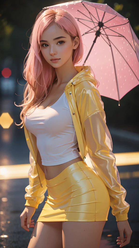 8k, best quality, realistic photos, realistic details, clear face, delicate facial features, real skin shine, a cute girl, shy, facing the camera, girl, hips, slim body, big breasts, 24 years old, charming, seductive eyes, pink animal print T-shirt and miniskirt, yellow rain jacket, raining background, wet hair and clothes