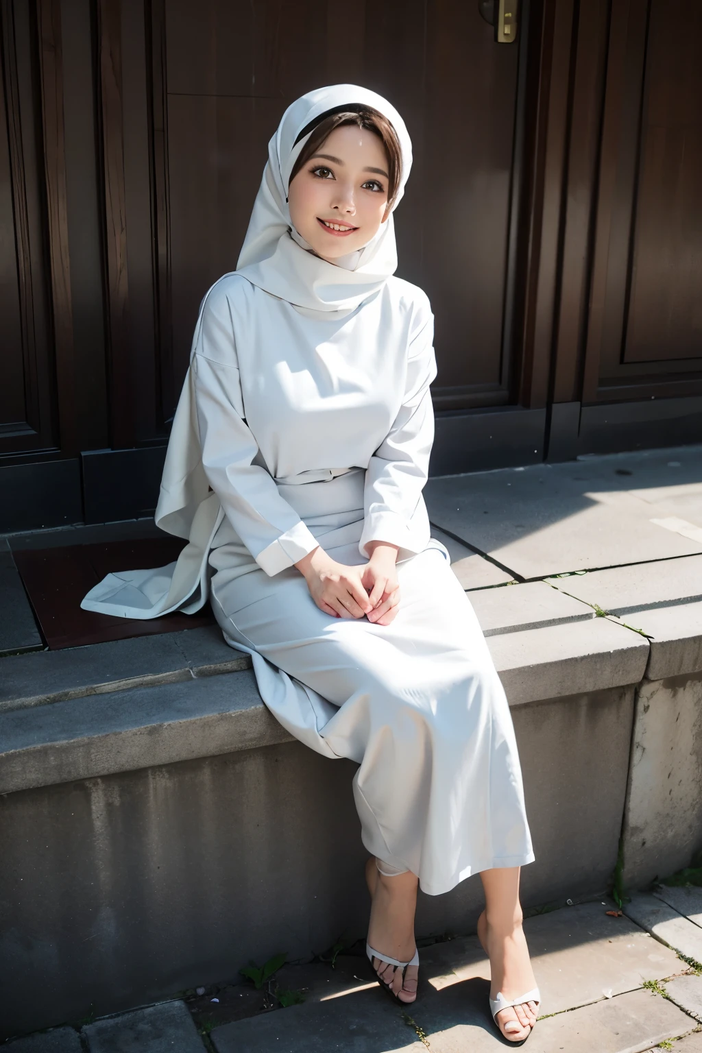 Focus photo, with a pampered pose, full body, beautiful girl, wearing a hijab, white clothes, beautiful sweet smiles, beautiful eyes, sweet smile.