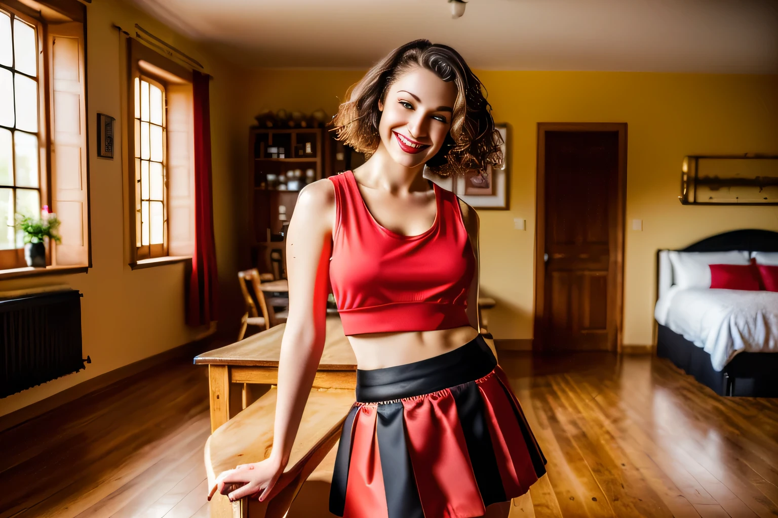 In the image, a light brunette woman is standing in a room with wooden floors and furniture, leaning on a chair. woman in a red tank top and black skirt standing next to a white dog, wearing shorts/skirt, wearing a tank top and shorts/skirt, photo from the middle of the waist up, wearing red shorts, attacking the camera :4, with a red skirt, wearing red blouse and black shorts/skirt, wearing skirt, dressed in top and shorts, wearing honey themed mini skirt. Wearing tight and simple clothes, full body wide shot, full body shot, mini skirt. She has short hair and wears a vibrant red tank top ((((red tank top))) and a short black skirt ((((short black skirt)))). Standing and leaning on a chair. The room around her. It is bright, with wooden furniture and patterned carpet.The room appears to be a dining area, as indicated by the table and chairs in the background, smiling and charming, it seems to contain a world of wonder and her face is the definition of highly realistic beauty. , reddish skin, beautiful and slightly plump lips, red lipstick, smile, feeling of lightness and joy, very elaborate skin, full body photo, clear photo, high quality, high resolution, masterpiece, high quality), Ultra HD. , High Contrast, Print Masterpiece 16K:1.3, High Resolution, (Photographically Realistic) HD, High Contrast, High Resolution, (Photographically Realistic Resolution, (Photographically Realistic)). 16K Masterpiece: 1.3, high resolution, (photographically realistic), NUDE, NUDITY, NFSW.