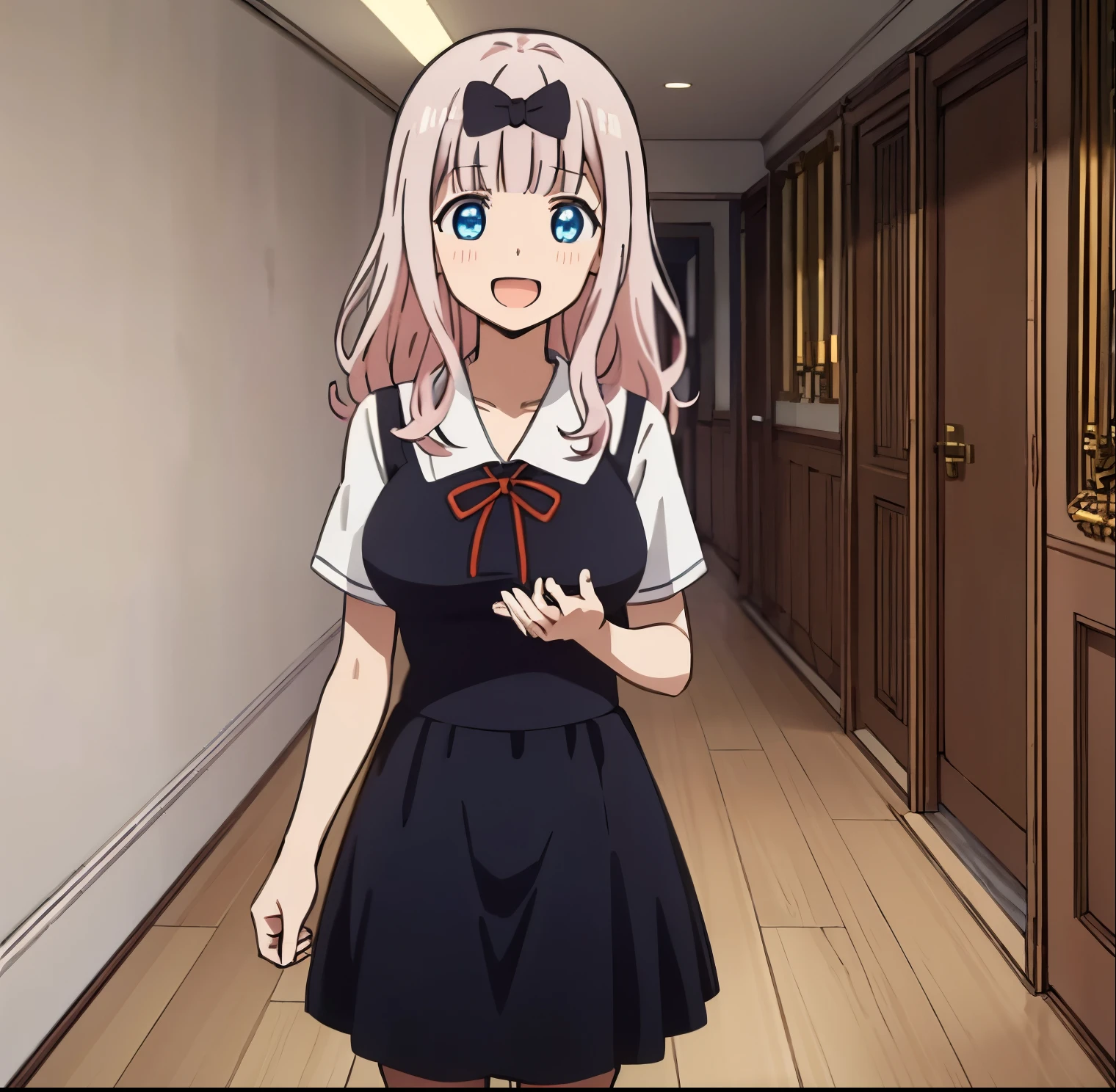 1girl, alone, chika fujiwara,2d, masterpiece, best quality, anime, highly detailed, cowboy shot, 1girl, solo, fujiwara chika, blue eyes, pink hair, hair bow, black bow, , summer uniform, large breasts, standing, indoors, hallway, :d, perfect hands, perfect anatomy,