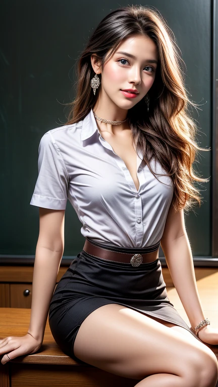 (8k high resolution), masterpiece, best quality, realistic ((medium bust)), hair in one eye, purple eyes, very big hoop earrings, sharp eyes, choker, red gemstone necklace. , (symmetrical eyes), (perfectly symmetrical body ), photo of a beautiful 20-year-old teenage girl, ((perfectly symmetrical body )), ((in the teacher's room)), (black short skirt), university uniform, (( female The girl wears a tight white short-sleeved shirt, unbuttoned, open chest showing off her beautiful breasts)) ((short black pencil skirt Deep slit skirt in front of the legs)), (mahalaiuniform), belt, bob, long hair, side bangs, golden blonde hair, double eyelids, sharp eyeliner, blush eyeshadow. She has thick eyelashes, very delicate and beautiful, round chin, sharp focus. Elegant. She is already sitting on a full study table. Turn your head with your legs open to eye level. Open your legs. Lift your right leg over your left leg. Let your legs open naturally. Legs slightly separated. Dynamic pose, bracelet, women's watch,small breasts.