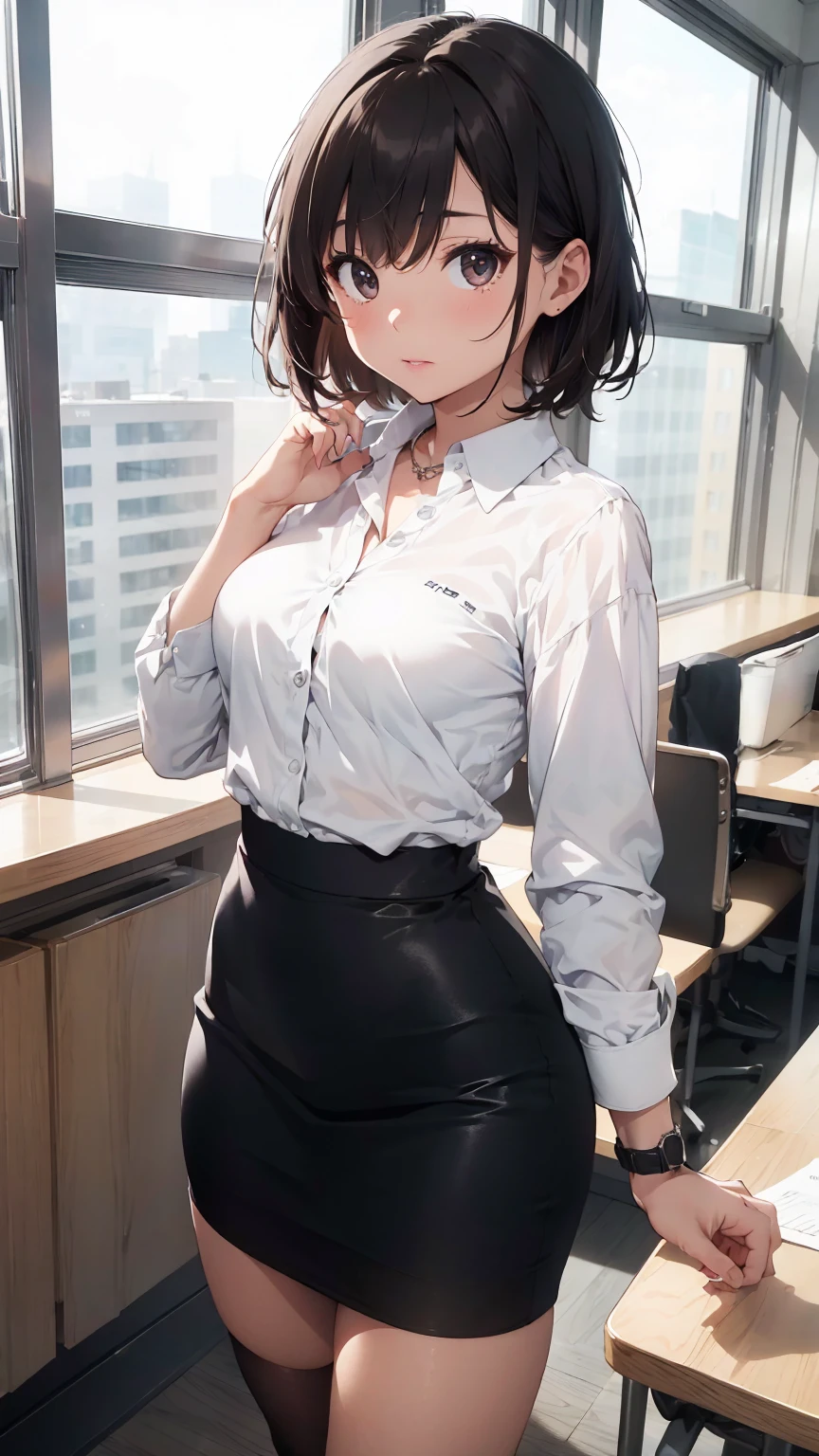 ultra-definition, ​masterpiece, 1girll, 40 yo, korean girl, soothing tones, muted colors, high contrast, (natural skin texture, hyperrealism, soft light, sharp), dynamic pose, (very short_hair:1.2), dark brown hair, large chest, very thin waist, wide pelvis, medium hips, company conference room, office worker, secretary, Neatly worn white collared shirt, Long-sleeved shirt, Tuck the bottom of the shirt neatly into the skirt, (black pencil skirt, black skirts), tight skirt, black stockings, a simple necklace, small watch on left wrist,