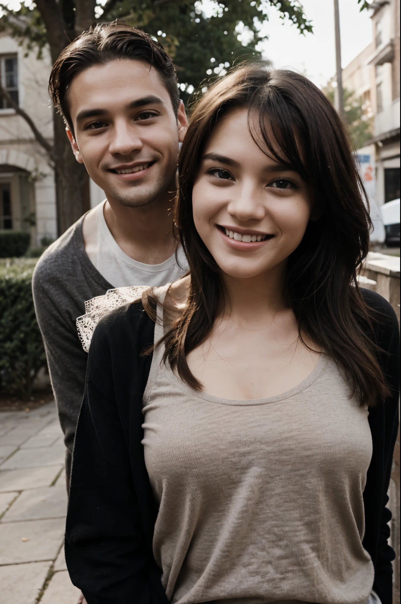 A photo of a man in early 30s with his girlfriend that is in love, happy, youthful.