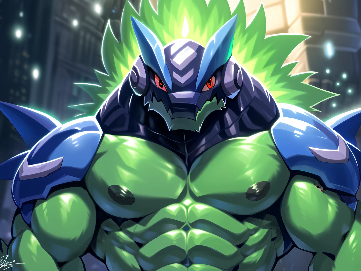 Author: Takemoto Arashi, (1 boy), Omega-xis,One, solo, Men's Second, (Torso), hot body, muscle, Beautiful, sexual, Attractive guy, (Detailed eyes), Browster, a high resolution, Best quality), 4k, nipples, male, portrait Omega-xis, gay, armor, mega man (series), male, muscular, red eyes, muscular anthro, hi res, abs, muscular male, green body, glowing body, glowing, energy, green hair, helmet, looking at viewer, hi res, pants, detailed background, lighting, photorealistic, 8k hd, extreme detail, (dark shadows, wide dynamic range, hdr, low light:1.2), elemental creature, electricity, bust portrait