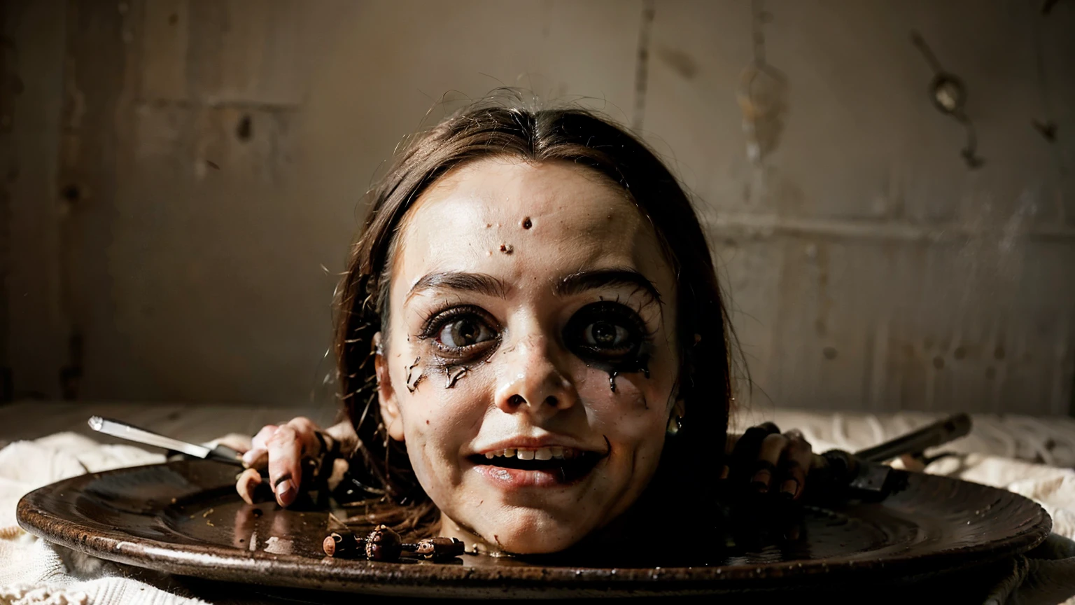 A detailed, terrifying, creepy, hideous doll's head, served on a plate, with several nails driven. like a dinner. The head has a malicious expression, smiling.