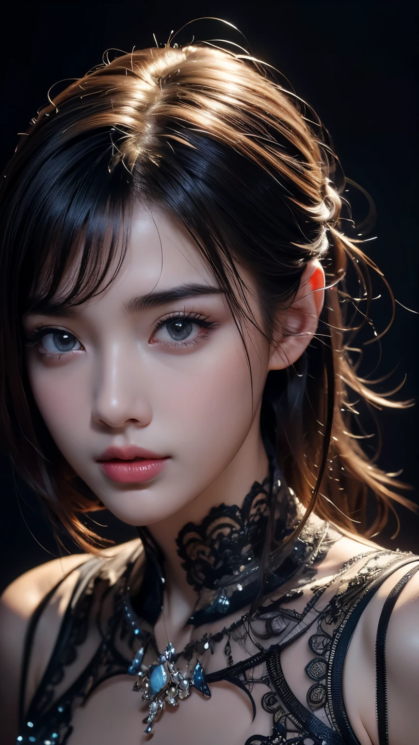 masterpiece, best qualitiy, RAW photos, realisticlying, A high resolution, hyper-detailing, Focus on the face, Detailed eyebrows, realistic beautiful eyes, realistic glossy skin, straight Bangs, realistic movie lighting, detail shaded, high contrast, Slender, Sexy face, Facial expressions when receiving pleasure, ((Dark background)),

