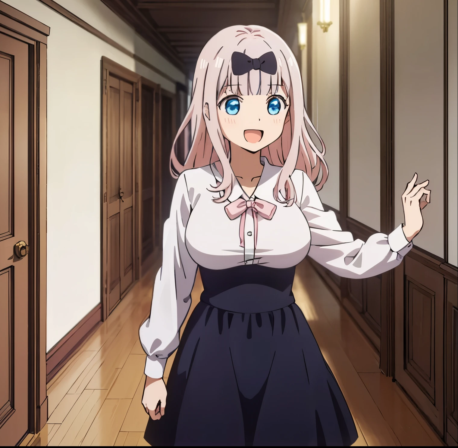 1girl, alone,chika fujiwara 2d, masterpiece, best quality, anime, highly detailed, cowboy shot, 1girl, solo, fujiwara chika, blue eyes, pink hair, hair bow, black bow, , summer uniform, large breasts, standing, indoors, hallway, :d, perfect hands, perfect anatomy 