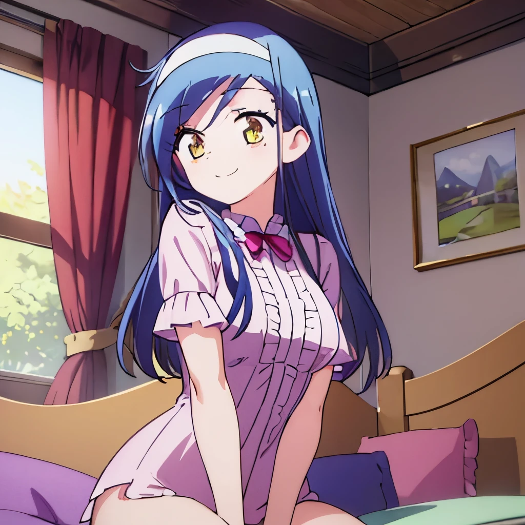 ((masterpiece)), ((best quality)), (ultra-detailed), on the bed, a cute girl, 1girl, solo, smile, underwear00