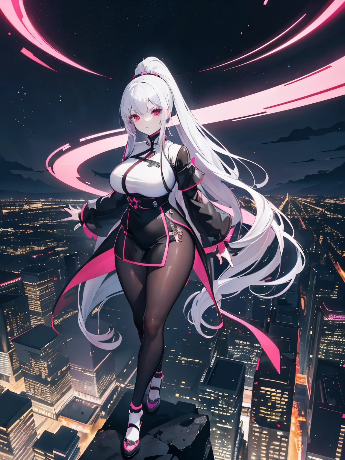 anime, (artwork, best quality, ultra-detailed, high contrast), 1 woman brasilian (Alone, full body, plus size body, standing on the edge of the skyscraper, silver hair, LONG In a ponytail, red eyes, perfect eyes ruby sparkles, (simple black qipao, black cybernetics with neon pink), transparent black socks), (skyscraper roof, overlooking a city, detailed background ((night time, Darkness, low light pollution)))