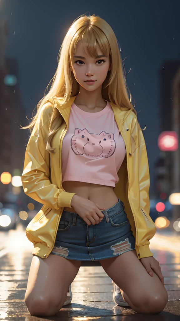 8k, best quality, realistic photos, realistic details, clear face, delicate facial features, real skin shine, a cute girl, shy, facing the camera, girl, hips, slim body, big breasts, 24 years old, charming, seductive eyes, pink animal print T-shirt and miniskirt, yellow rain jacket, raining background, wet hair and clothes, close up 