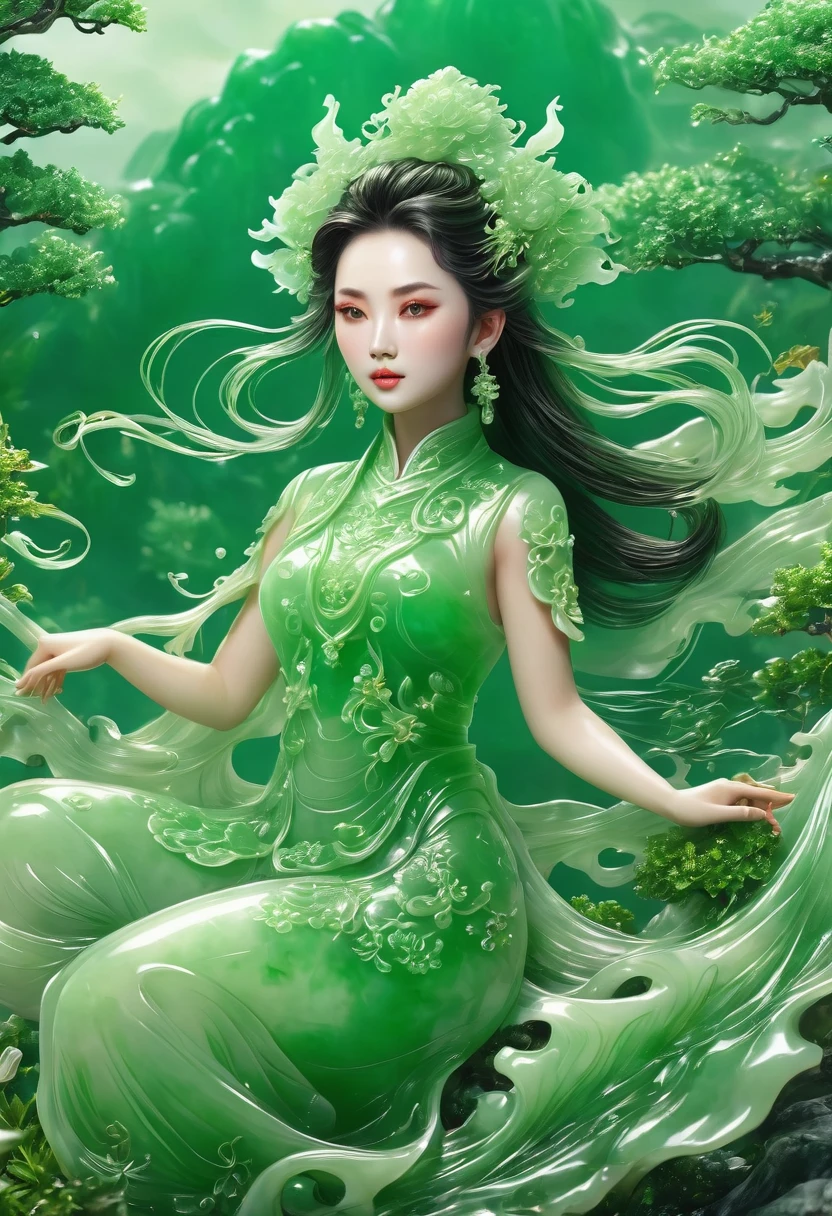 best quality, very good, 16K, ridiculous, Extremely detailed, Gorgeous transparent jade girl, Background grassland（（A masterpiece full of fantasy elements）））， （（best quality））， （（Intricate details））（8k）