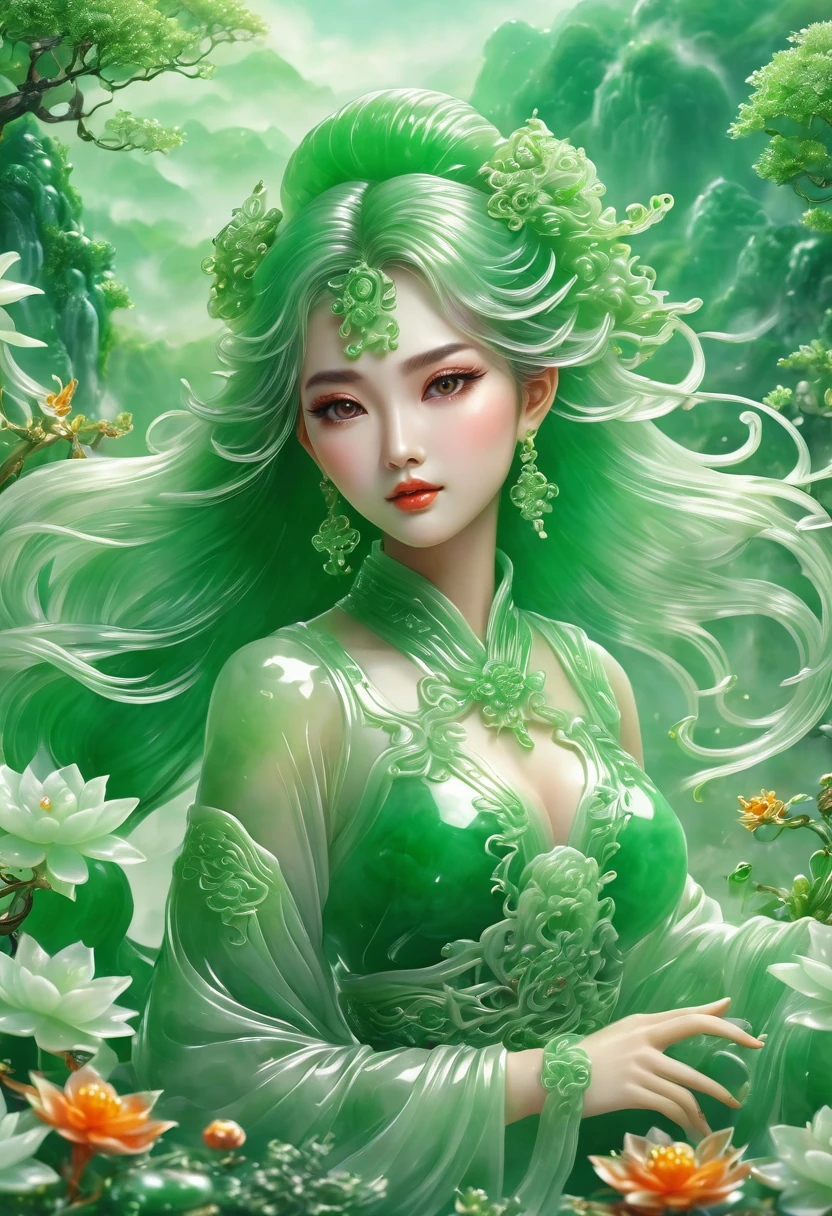 best quality, very good, 16K, ridiculous, Extremely detailed, Gorgeous transparent jade girl, Background grassland（（A masterpiece full of fantasy elements）））， （（best quality））， （（Intricate details））（8k）