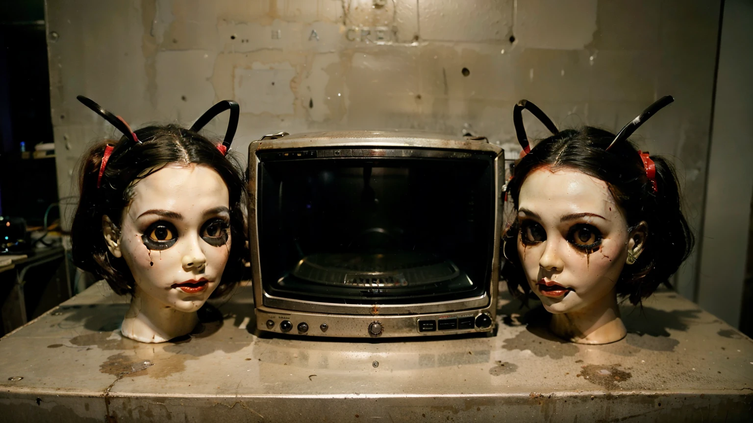 An old tube television, with antennas, and on these antennas there are two old doll heads, terrifying, bizarre, scary details.