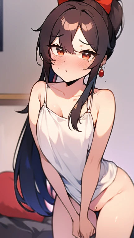 Adulta, Cabello negro ondulado, mirada penetrante con ojos profundos de color rojo, estatura promedio, Silky hair with a ponytail hairstyle collected with a red bow with two white lines, tiene pechos grandes, primer plano, Session, standing in the middle of his room [[[[pervertida]]] , Sonrojada, transparent lingerie, NSFW, showing the chichis to the camera, muslos grandes 