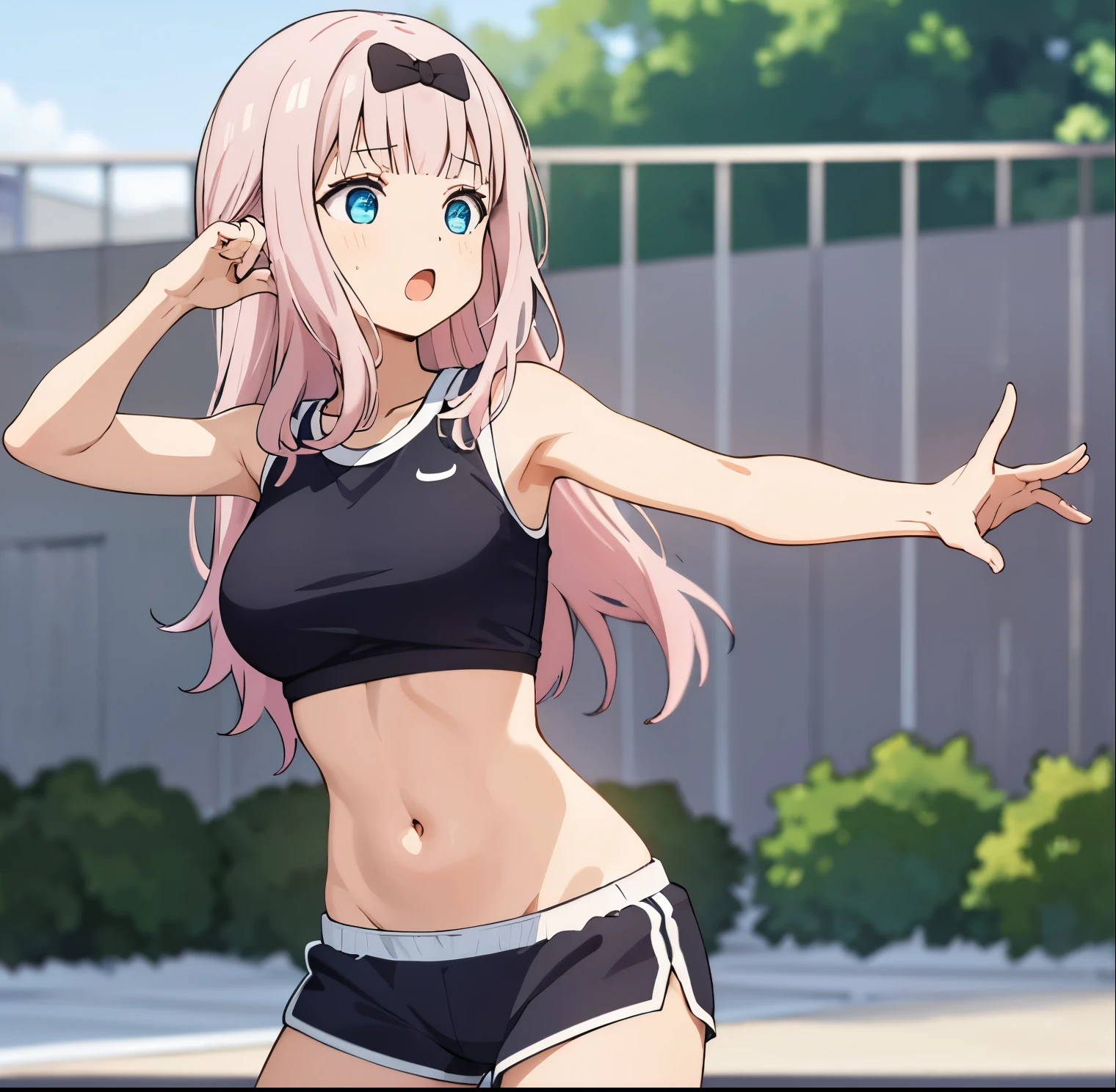 1girl, alone, chika fujiwara,masterpiece,best quality, tied shirt, navel, outdoors, looking at viewer, white shirt, black bow, blurry background, midriff, blue shorts, :o, cowboy shot, open mouth, gym shorts, stomach, standing, day, sleeveless, hands up, gym uniform, fox shadow puppet, \\m/, contrapposto, perfect hands, perfect anatomy,