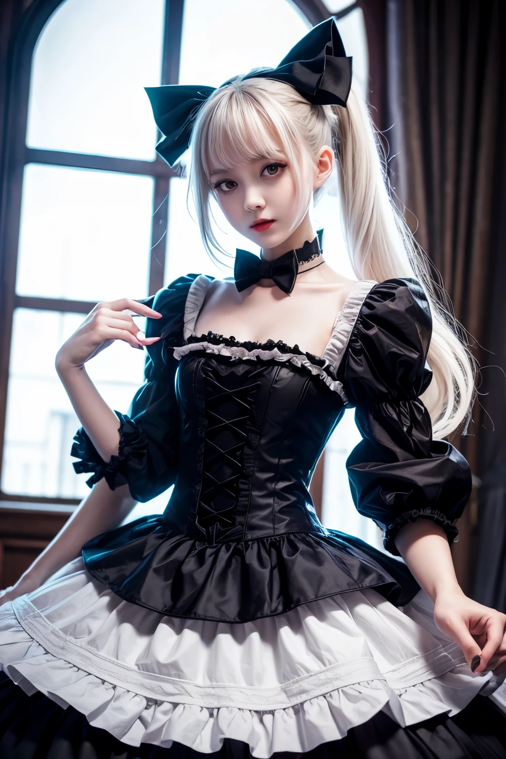 masterpiece, best quality, ShalltearV4, 1girl, solo, dress, frills, bow, hair white, fangs, pale skin, glowing, glowing eyes, portrait, vampire, lolita