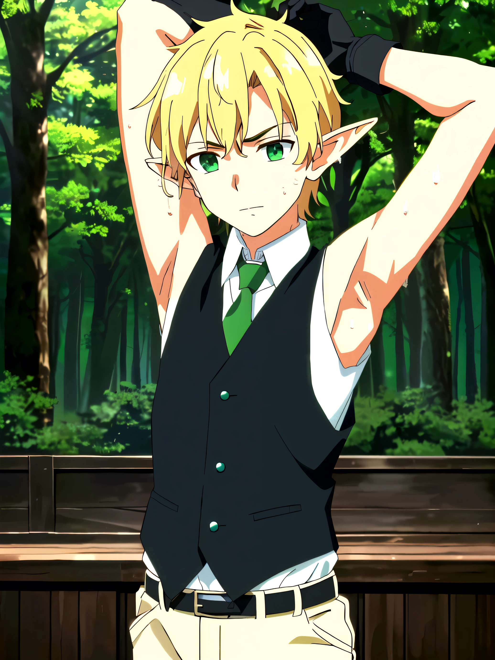 Highres, Masterpiece, Best quality at best,Best Quality,hight quality, hight detailed, 1boy, Boy, Elf boy, Elf ear, Messy hair, Side bangs, Shota, Sweat, Sleeveless vest, Tie, Glove, Depth of field, Anime screencap style, thin line, Seen from the front, Little sweat, forest tample, Cute boy, (Showing armpit:1.3), (very small and short stature), (very young boy), 12-year-old boys, Blurry and simple beckground, bokeh, Uhd