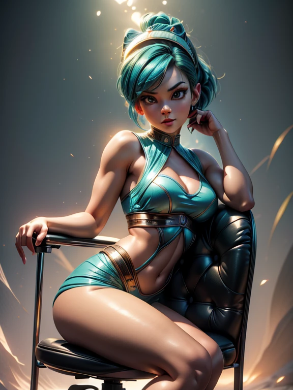 Hyper realistic of {Bulma sitting on a gaming chair, with one leg open}, Perfect body thin waist muscular legs big and round swollen vagyle Beetle bonnet, facing the camera, symmetrical face, ideal human, 85 mm lens, f8, photography, ultra details, natural light, light background, photo, studio lighting