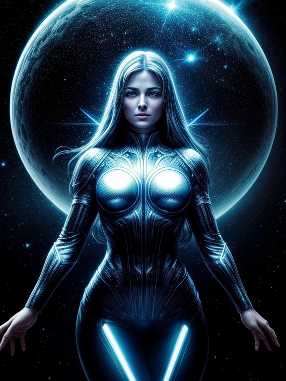 In dark space with only a few stars, breathtaking (masterpiece:1.1),(highest quality:1.1),(HDR:1), ((one woman made of silvery liquid metal)), she holds an atom levitating between her perfect hands, ((perfect hands)), the light of the atom reflects on her metal skin, her eyes are electric blue, ((the woman is levitating, no ground under her feet, she stands straight)), she look at the atom, his area is serious and responsible, the atom is made up of a spherical nucleus enclosed in a large transparent glass sphere and 3 electron orbits are represented symmetrically, the woman’s hands are parallel to each other, Longues jambes d'une beauté sublime,grosse poitrine, abdominaux légèrement dessinés