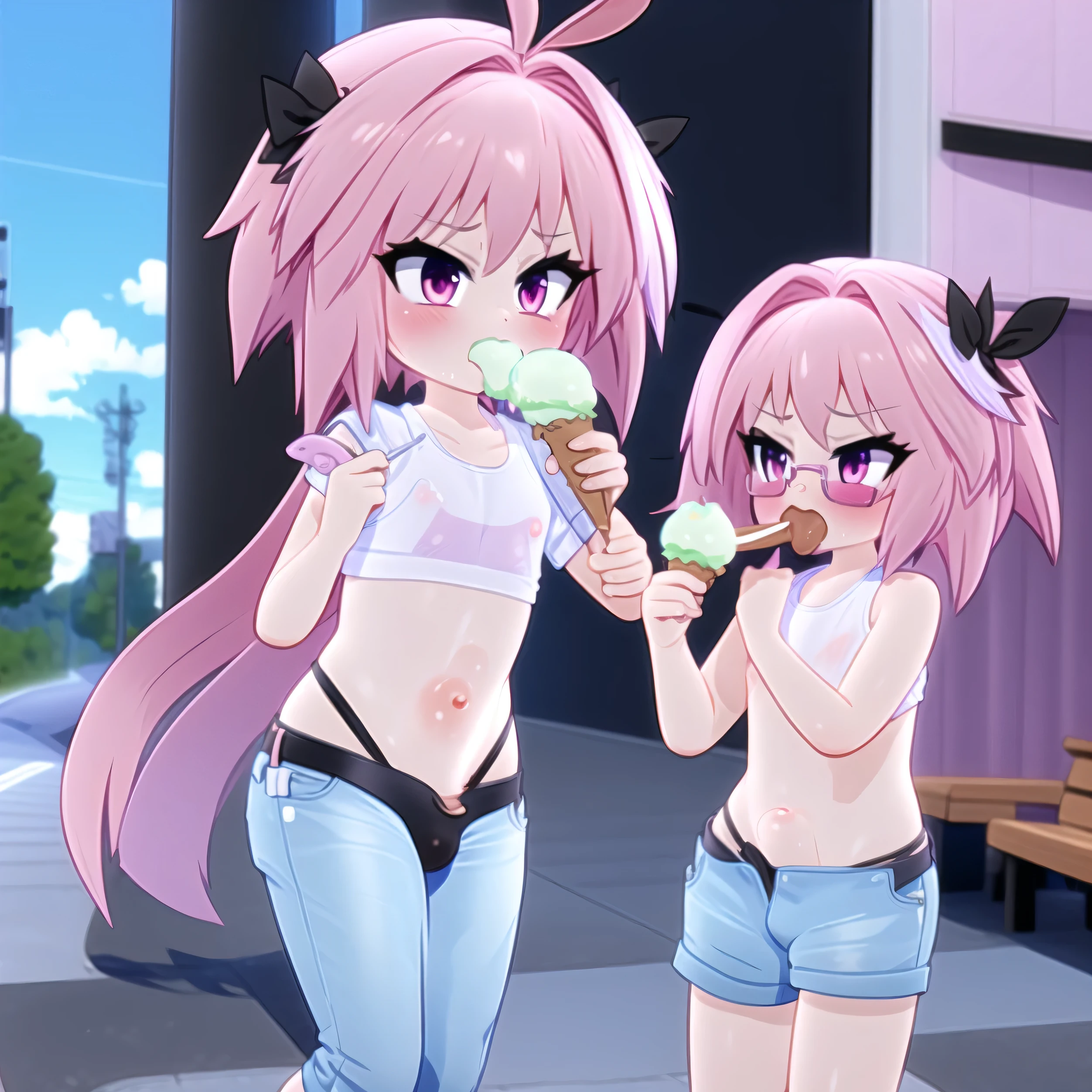 By mantis-x, astolfo saber, white t-shirt , tight pants , flat chest , stomach bulge, horny, sexy,  eating ice-cream, orgasm expression, blush, sunglasses, standing, on the street