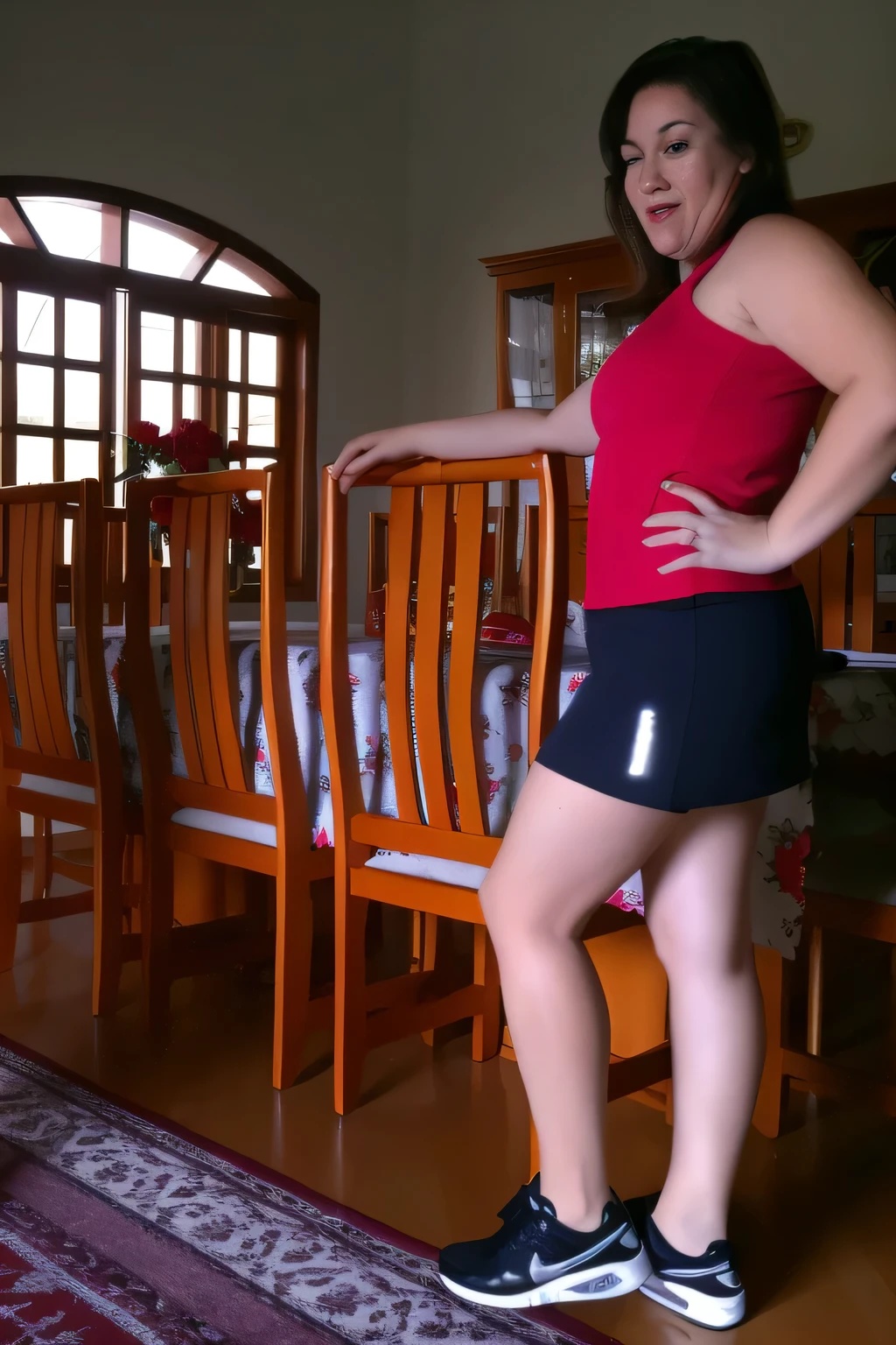 there is a woman standing on a chair in a room, side shot, side pose, in red and black, full body wide shot, miniskirt, full length view, wearing red shorts, wearing honey - themed miniskirt, beautiful short skirt, short skirt, outfit photo, wearing skirt, view from the back, sitting on a table, full body length shot