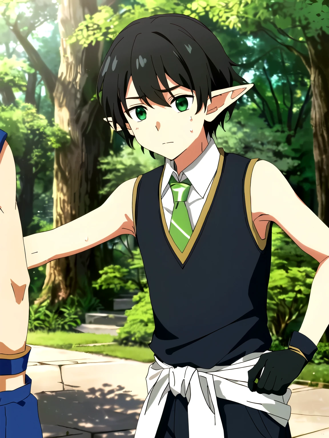 Highres, Masterpiece, Best quality at best,Best Quality,hight quality, hight detailed, 1boy, Boy, Elf boy, Elf ear, Messy hair, Side bangs, Shota, Sweat, Sleeveless vest, Tie, Glove, Depth of field, Anime screencap style, thin line, Seen from the front, Little sweat, forest church, Cute boy, (Showing armpit:1.3), (very small and short stature), (very young boy), s, Blurry and simple beckground, bokeh, Uhd